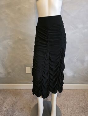 Long Black Ruched Jersey Stretch Skirt Sz L Womens